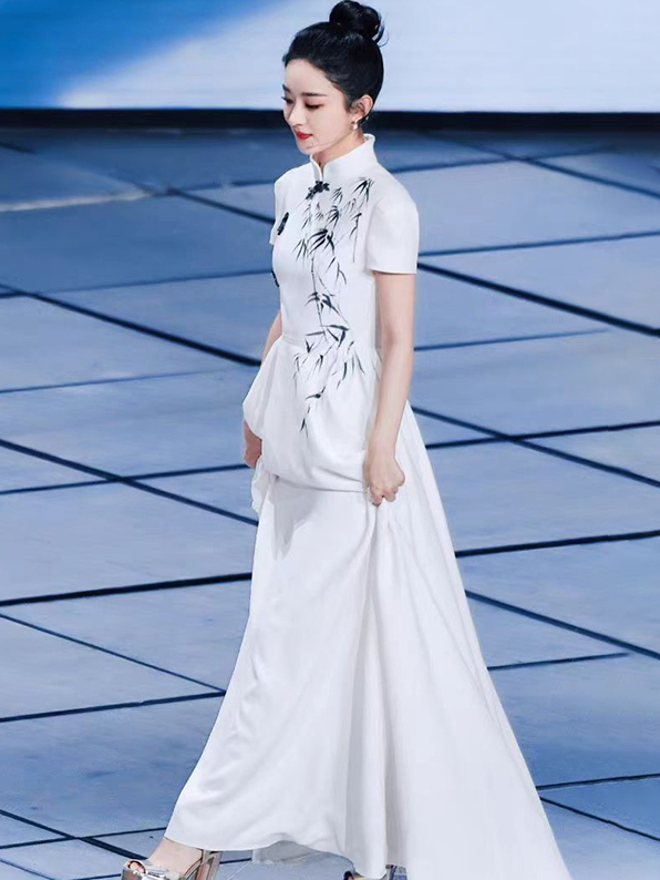 春晚国色赵丽颖同款礼服竹子水墨新中式大合唱团演出服